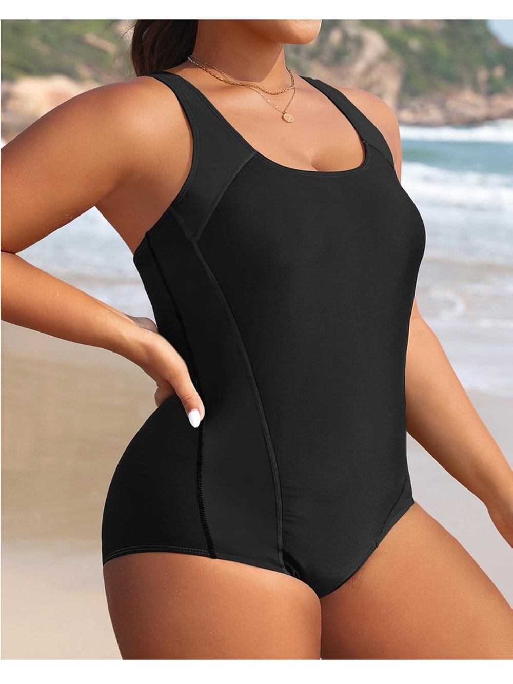 Women's Black Scoop Neck One-Piece Swimsuit